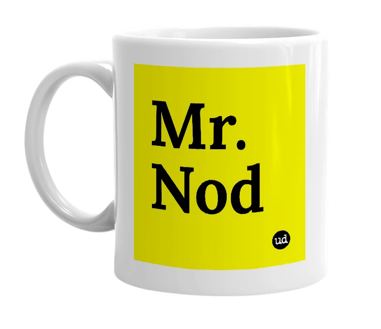 White mug with 'Mr. Nod' in bold black letters