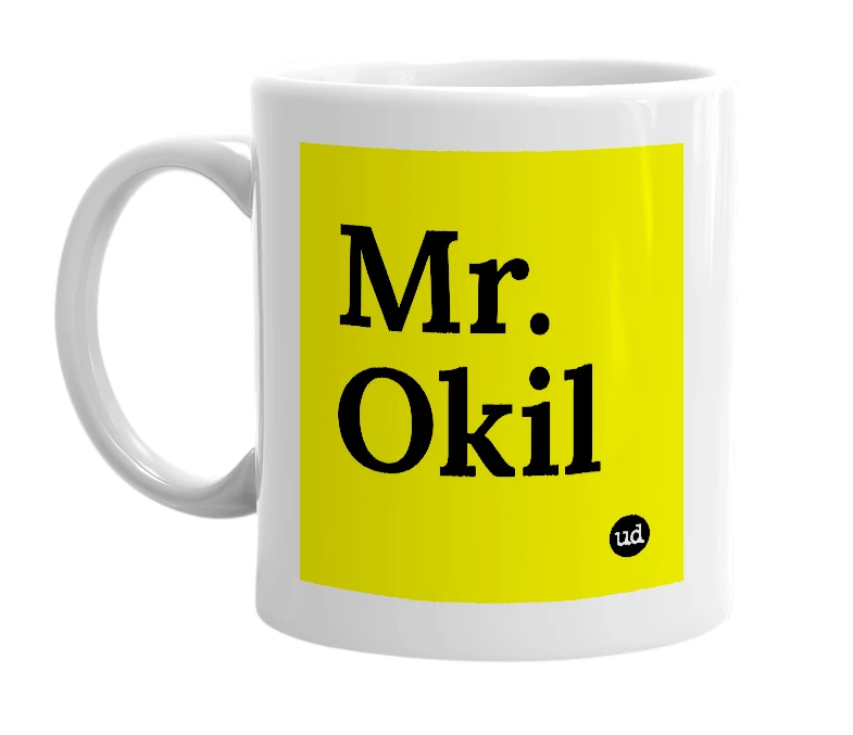 White mug with 'Mr. Okil' in bold black letters
