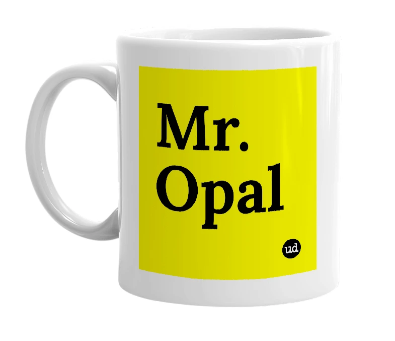 White mug with 'Mr. Opal' in bold black letters