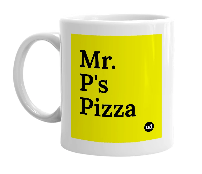 White mug with 'Mr. P's Pizza' in bold black letters