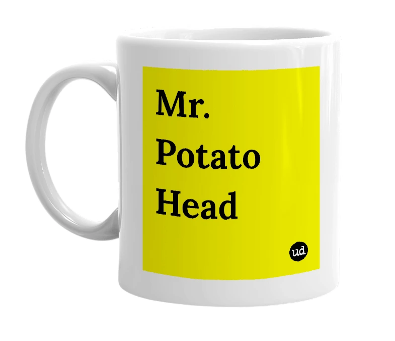 White mug with 'Mr. Potato Head' in bold black letters
