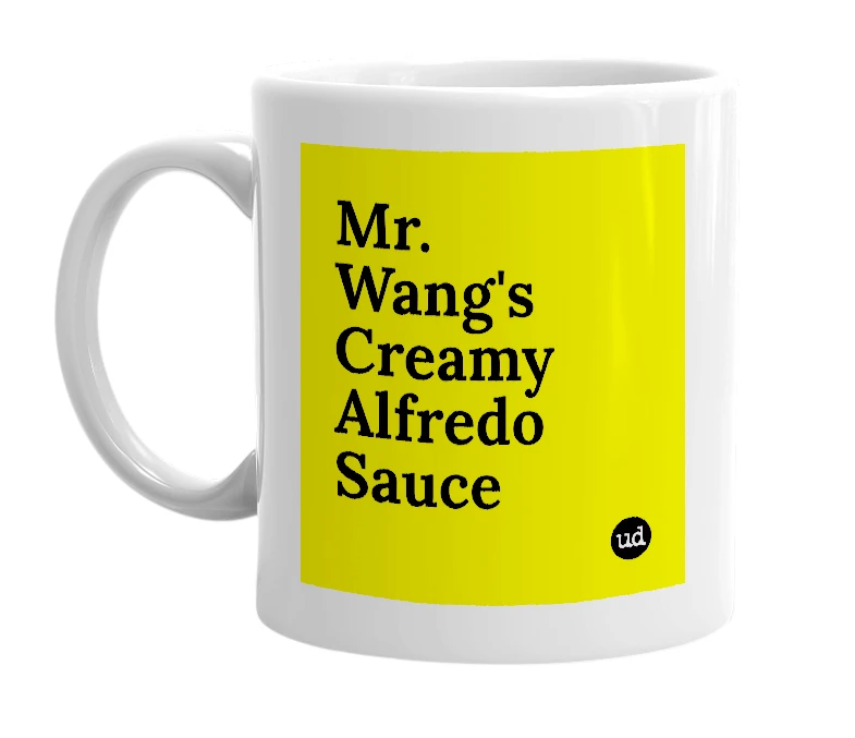 White mug with 'Mr. Wang's Creamy Alfredo Sauce' in bold black letters