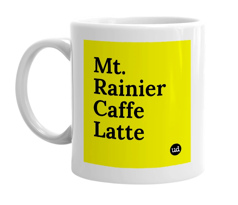 White mug with 'Mt. Rainier Caffe Latte' in bold black letters