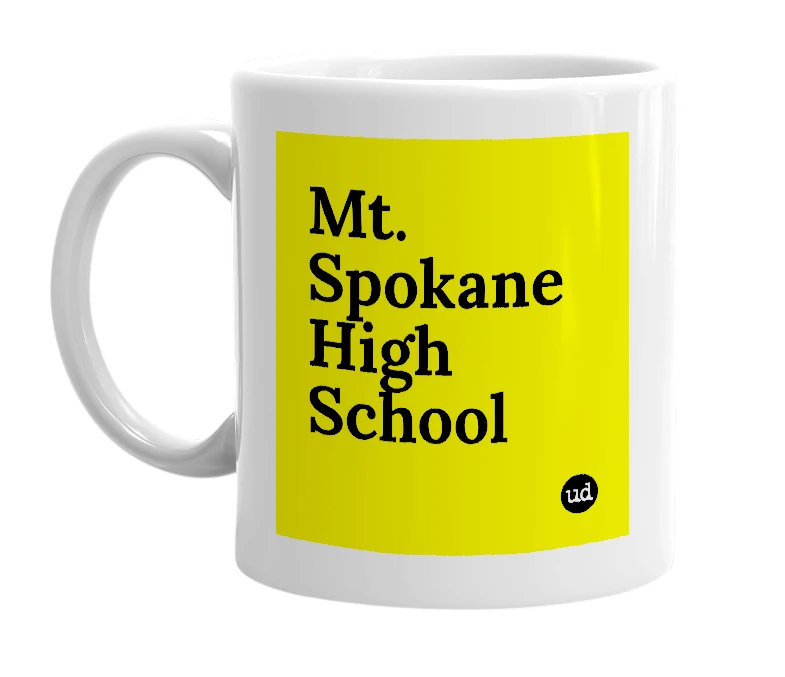 White mug with 'Mt. Spokane High School' in bold black letters