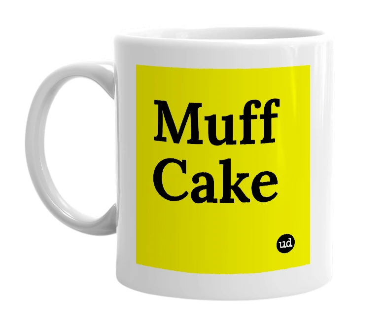 White mug with 'Muff Cake' in bold black letters