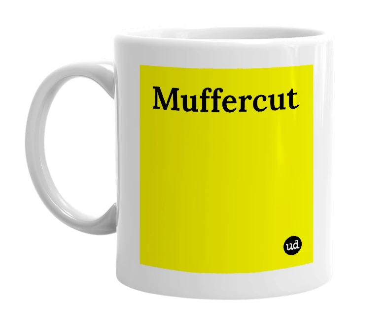 White mug with 'Muffercut' in bold black letters