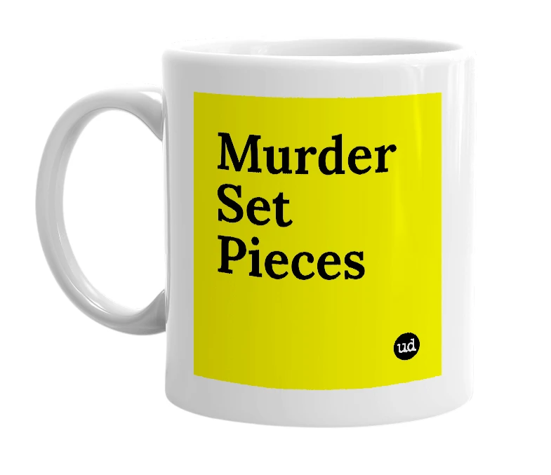 White mug with 'Murder Set Pieces' in bold black letters