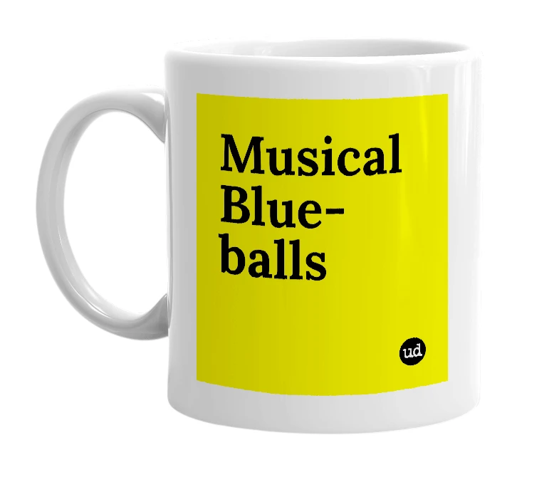 White mug with 'Musical Blue-balls' in bold black letters