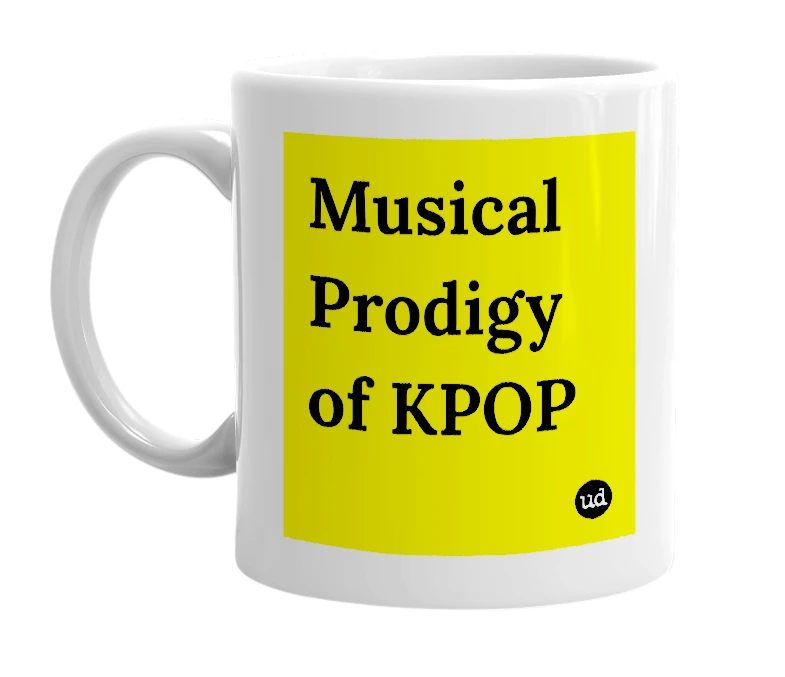 White mug with 'Musical Prodigy of KPOP' in bold black letters