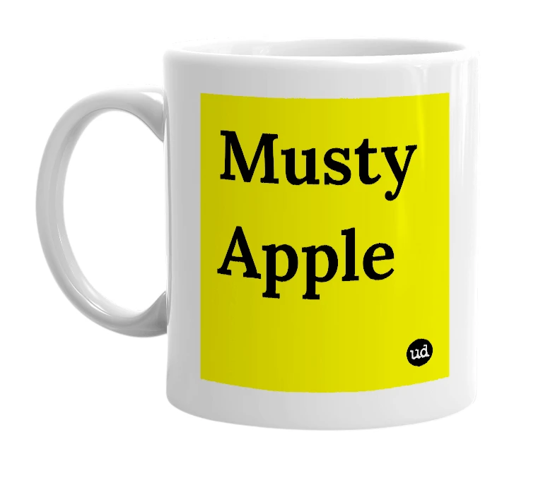 White mug with 'Musty Apple' in bold black letters