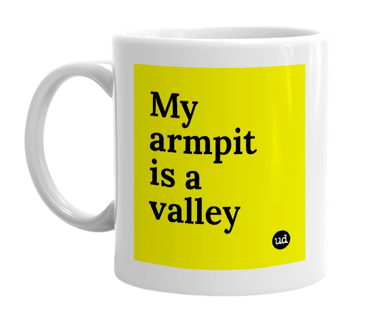 White mug with 'My armpit is a valley' in bold black letters