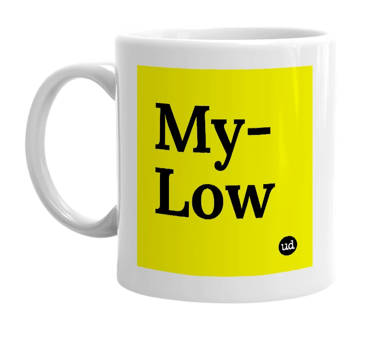 White mug with 'My-Low' in bold black letters