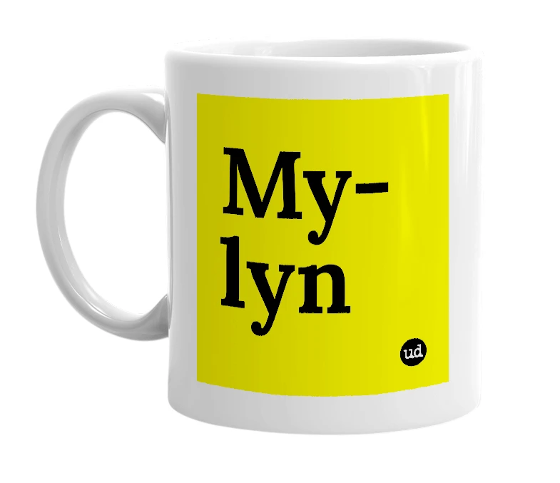 White mug with 'My-lyn' in bold black letters