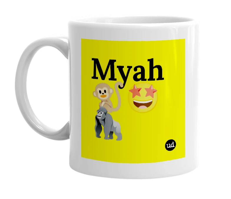 White mug with 'Myah🐒🤩🦍' in bold black letters