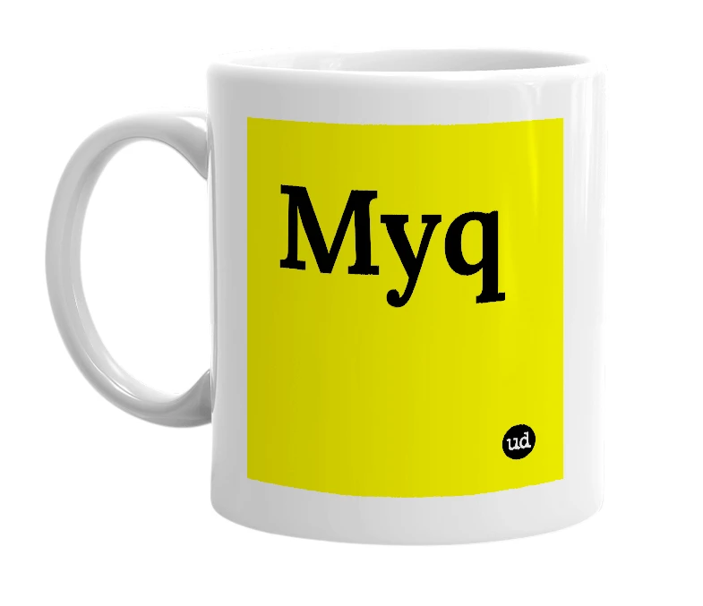 White mug with 'Myq' in bold black letters