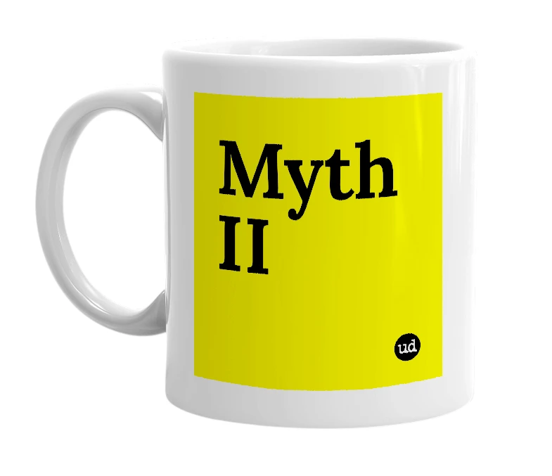 White mug with 'Myth II' in bold black letters
