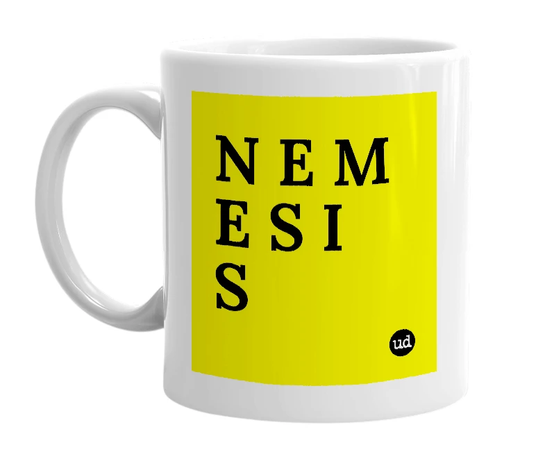 White mug with 'N E M E S I S' in bold black letters
