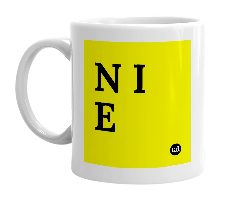 White mug with 'N I E' in bold black letters