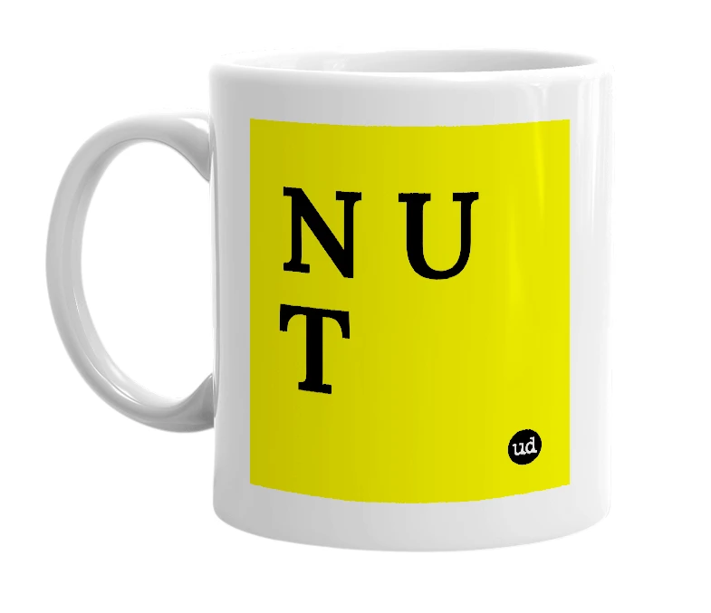 White mug with 'N U T' in bold black letters