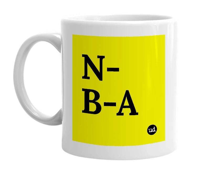 White mug with 'N-B-A' in bold black letters
