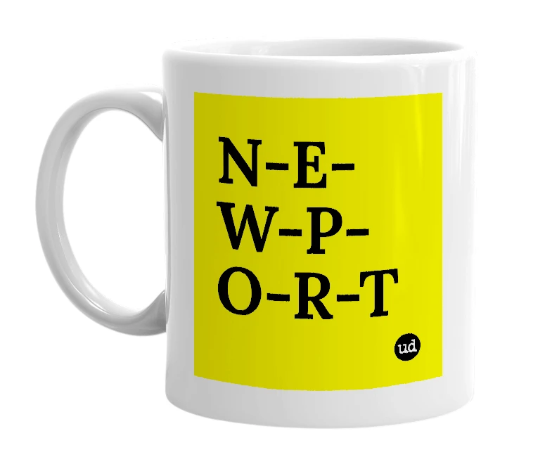 White mug with 'N-E-W-P-O-R-T' in bold black letters