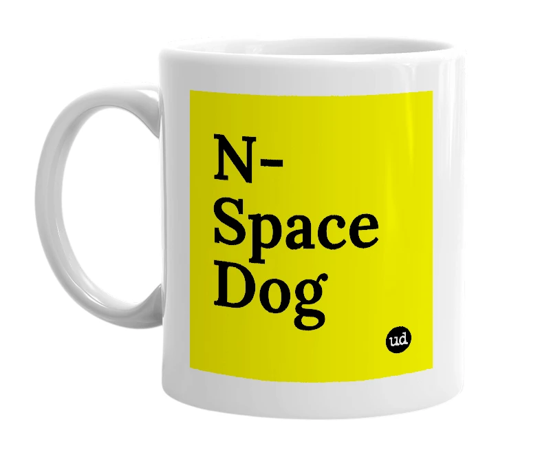 White mug with 'N-Space Dog' in bold black letters