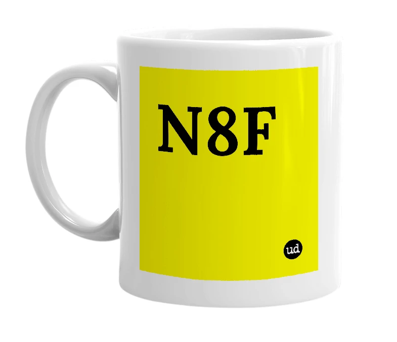 White mug with 'N8F' in bold black letters