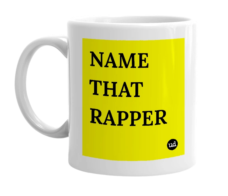 White mug with 'NAME THAT RAPPER' in bold black letters