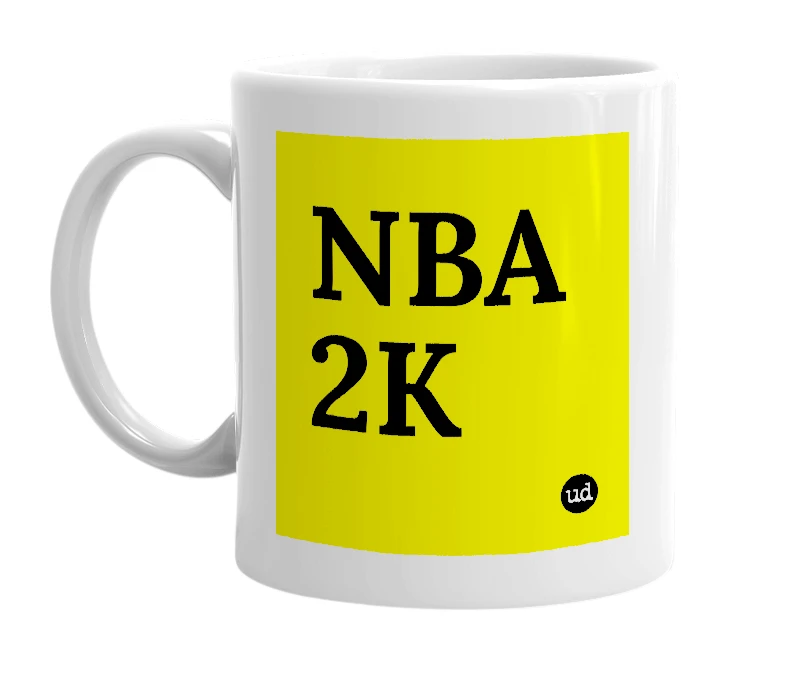 White mug with 'NBA 2K' in bold black letters