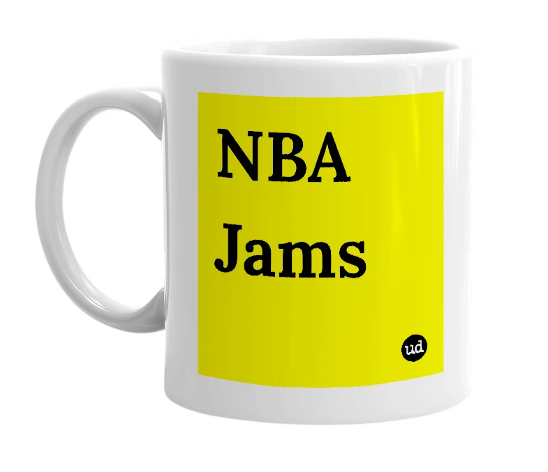 White mug with 'NBA Jams' in bold black letters