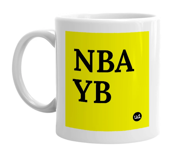 White mug with 'NBA YB' in bold black letters