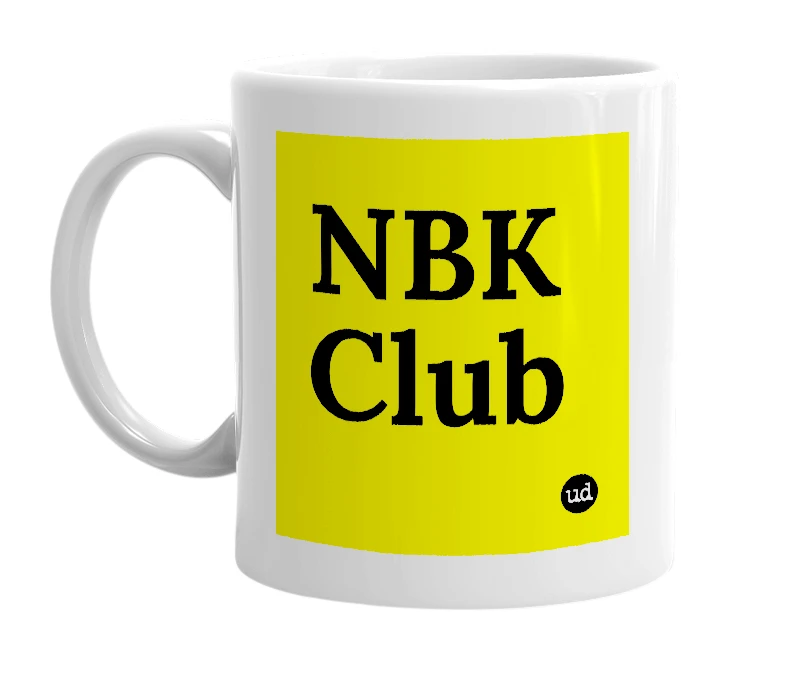 White mug with 'NBK Club' in bold black letters