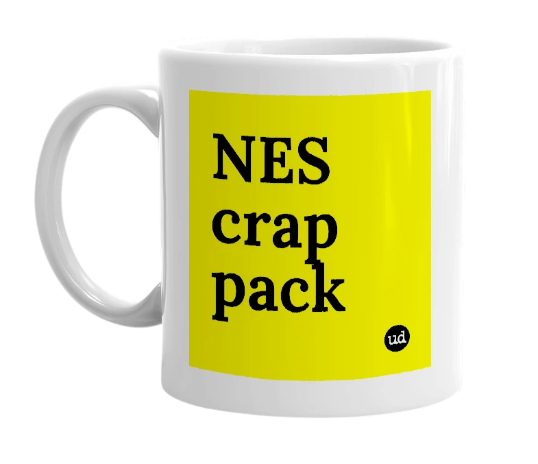 White mug with 'NES crap pack' in bold black letters