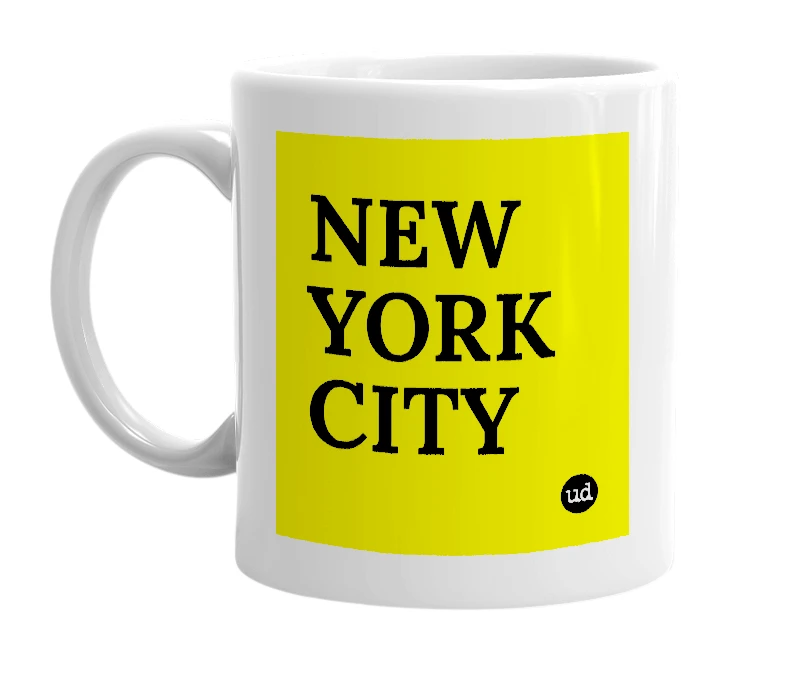 White mug with 'NEW YORK CITY' in bold black letters