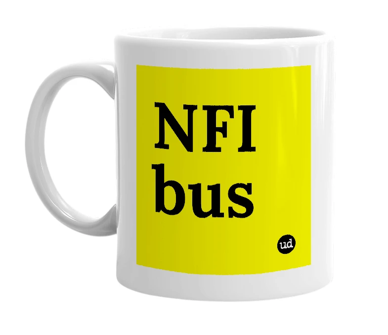 White mug with 'NFI bus' in bold black letters