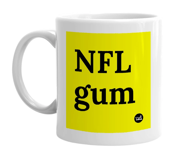 White mug with 'NFL gum' in bold black letters