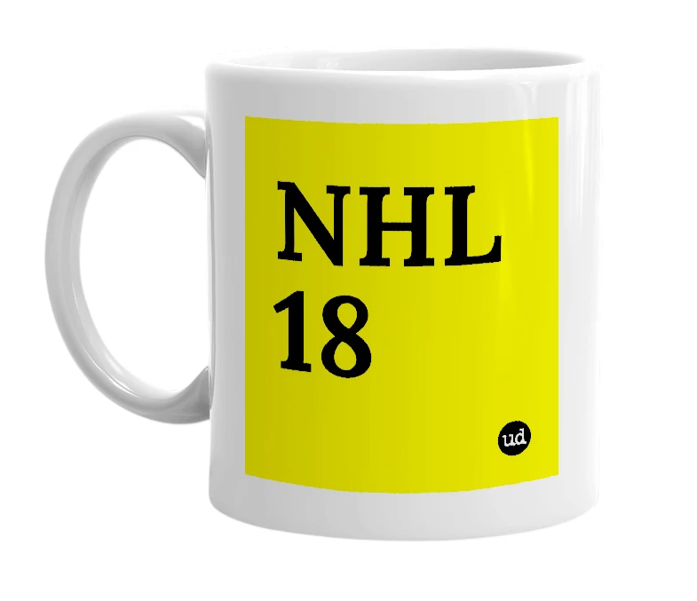 White mug with 'NHL 18' in bold black letters