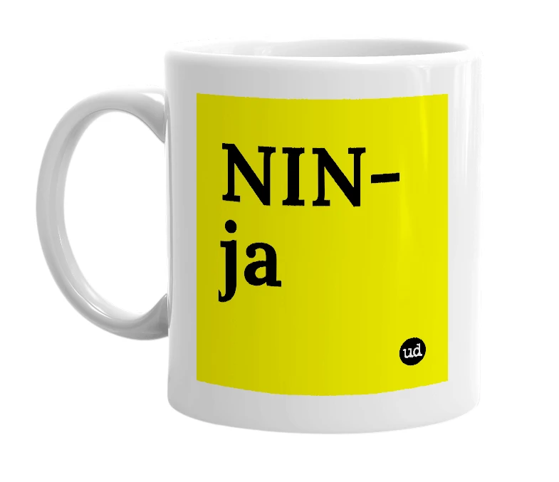 White mug with 'NIN-ja' in bold black letters