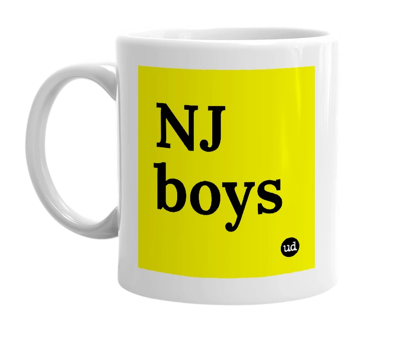 White mug with 'NJ boys' in bold black letters