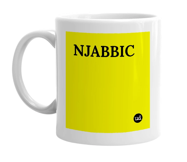 White mug with 'NJABBIC' in bold black letters