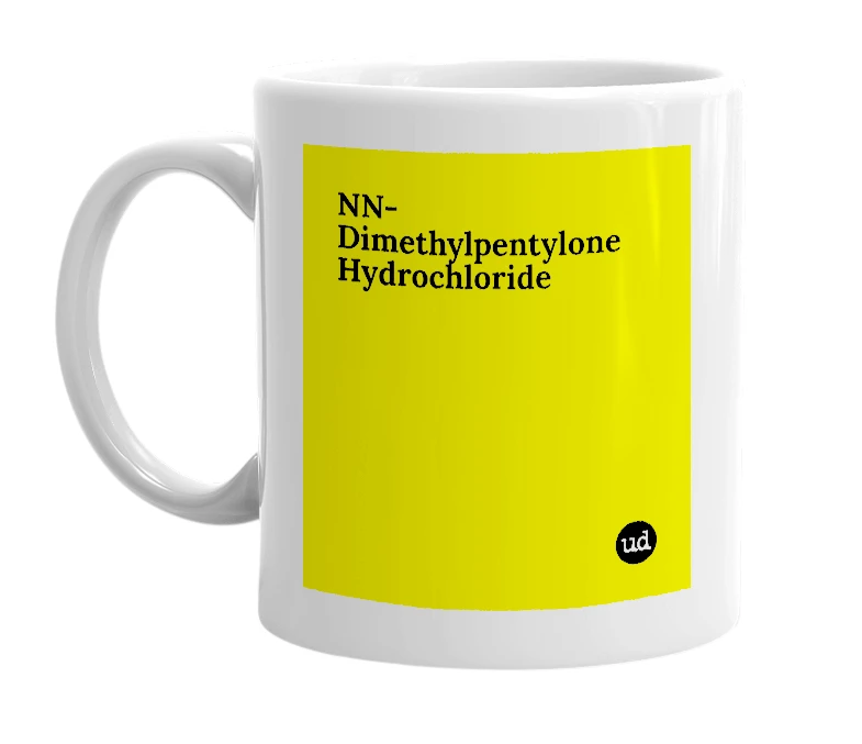 White mug with 'NN-Dimethylpentylone Hydrochloride' in bold black letters