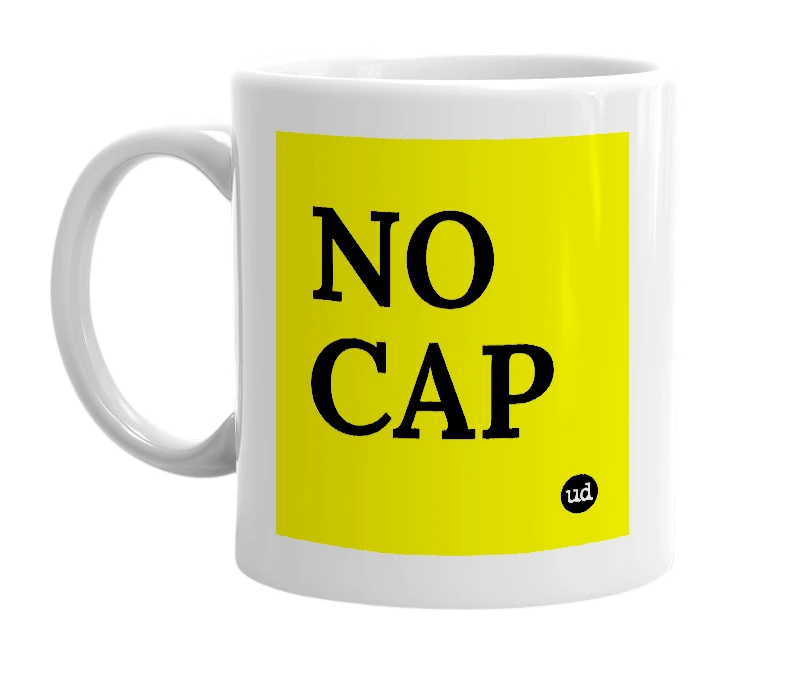 White mug with 'NO CAP' in bold black letters