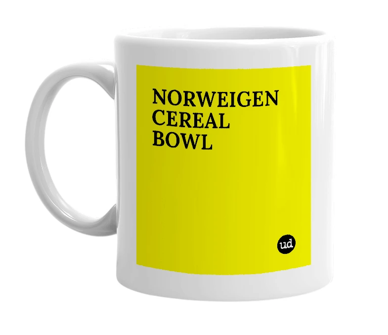 White mug with 'NORWEIGEN CEREAL BOWL' in bold black letters