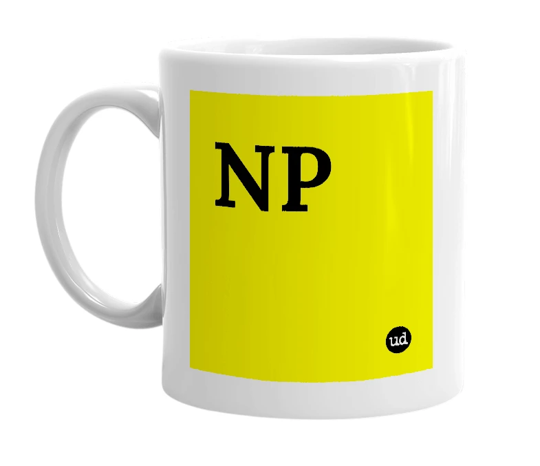White mug with 'NP' in bold black letters