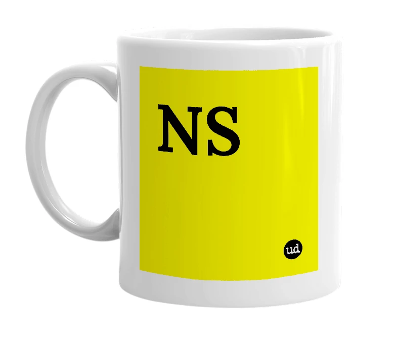 White mug with 'NS' in bold black letters