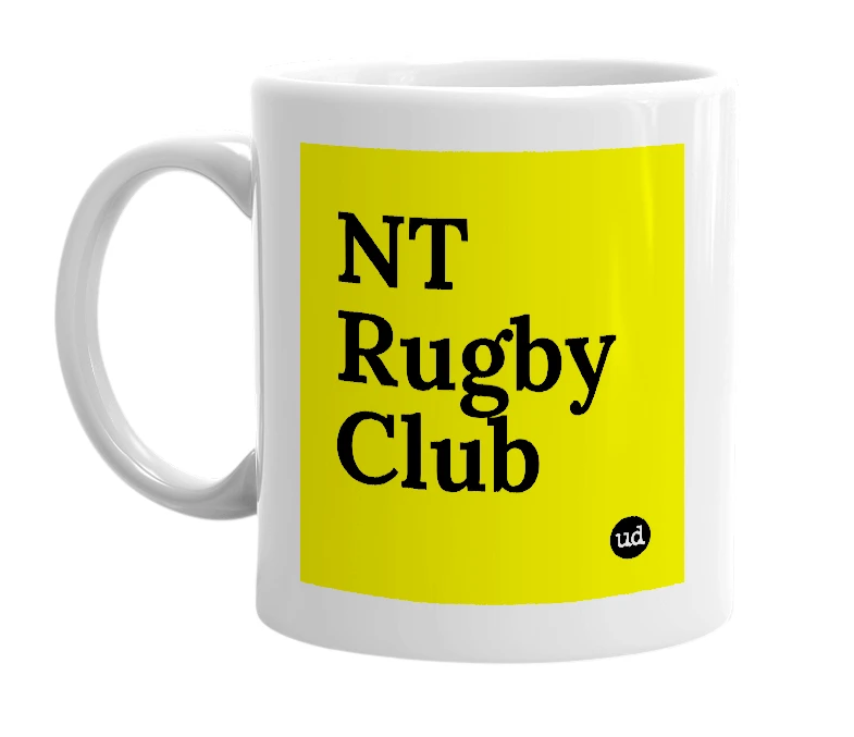 White mug with 'NT Rugby Club' in bold black letters