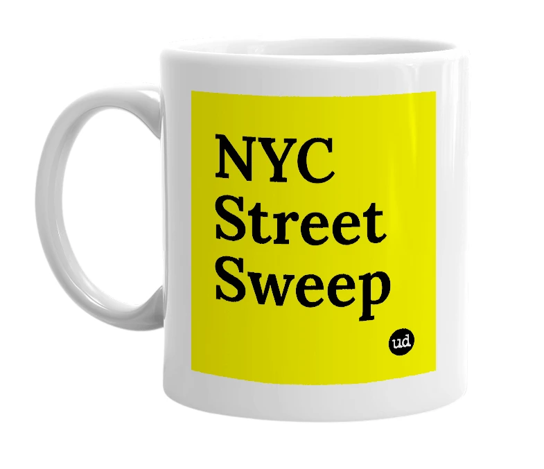 White mug with 'NYC Street Sweep' in bold black letters