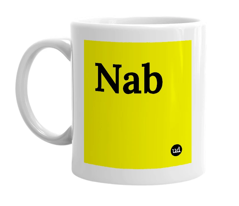 White mug with 'Nab' in bold black letters
