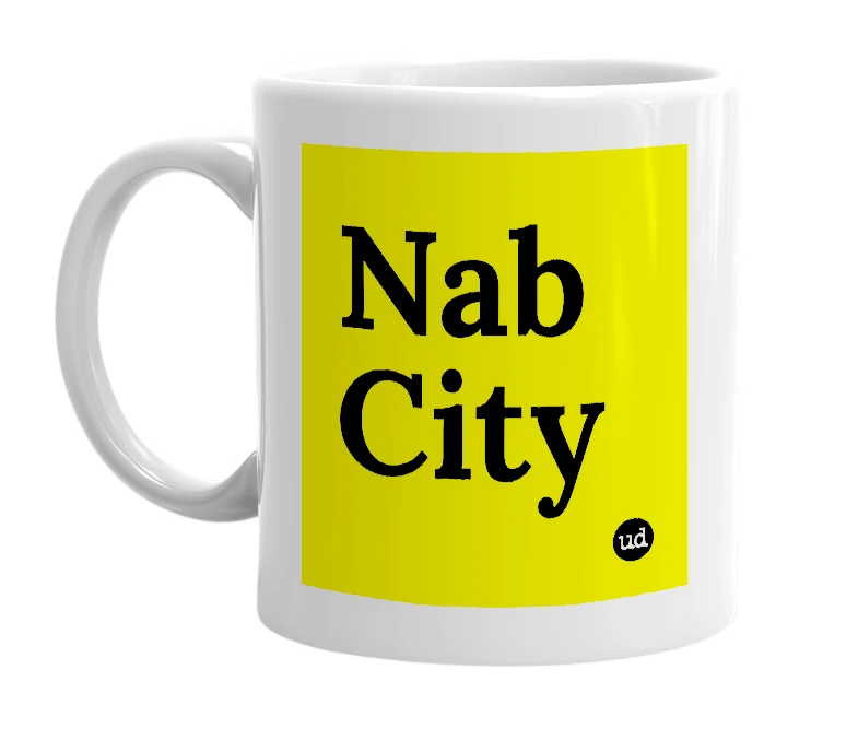 White mug with 'Nab City' in bold black letters