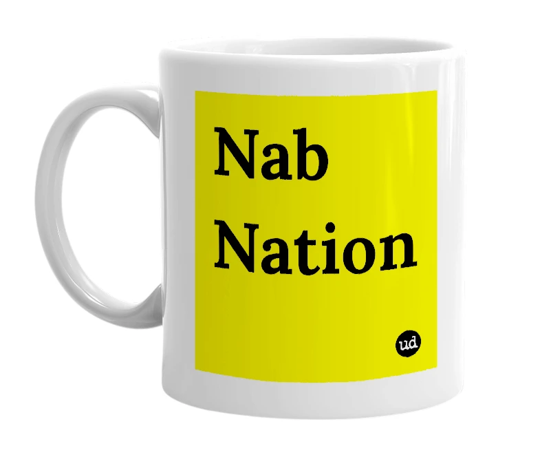 White mug with 'Nab Nation' in bold black letters